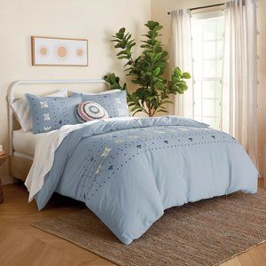 new 3-pc BLUE Wild Sage Alana Embroidered Geometric FULL / QUEEN Duvet Cover Set